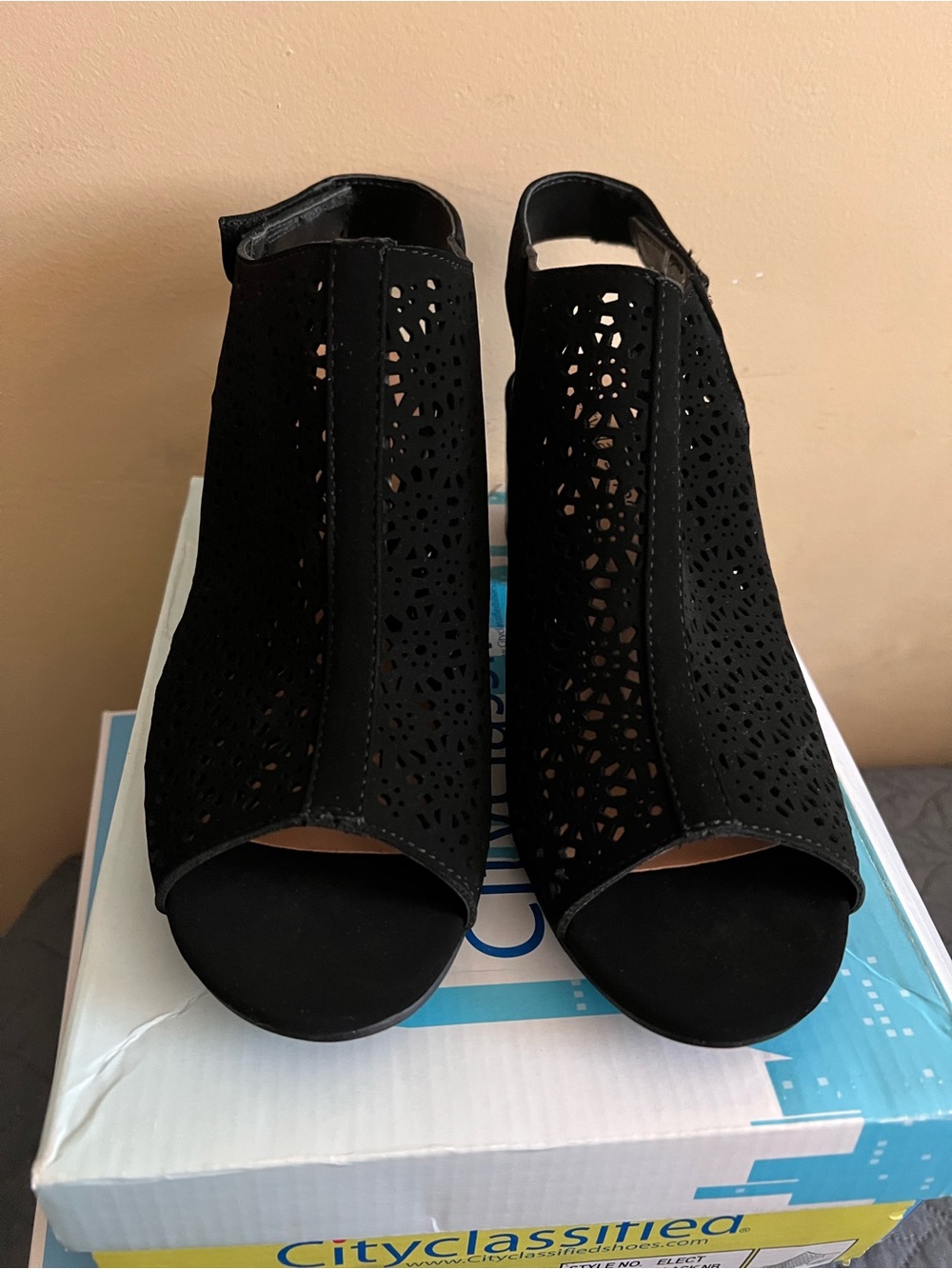 Black Laser-Cut Peep-Toe Women’s Ankle Booties
